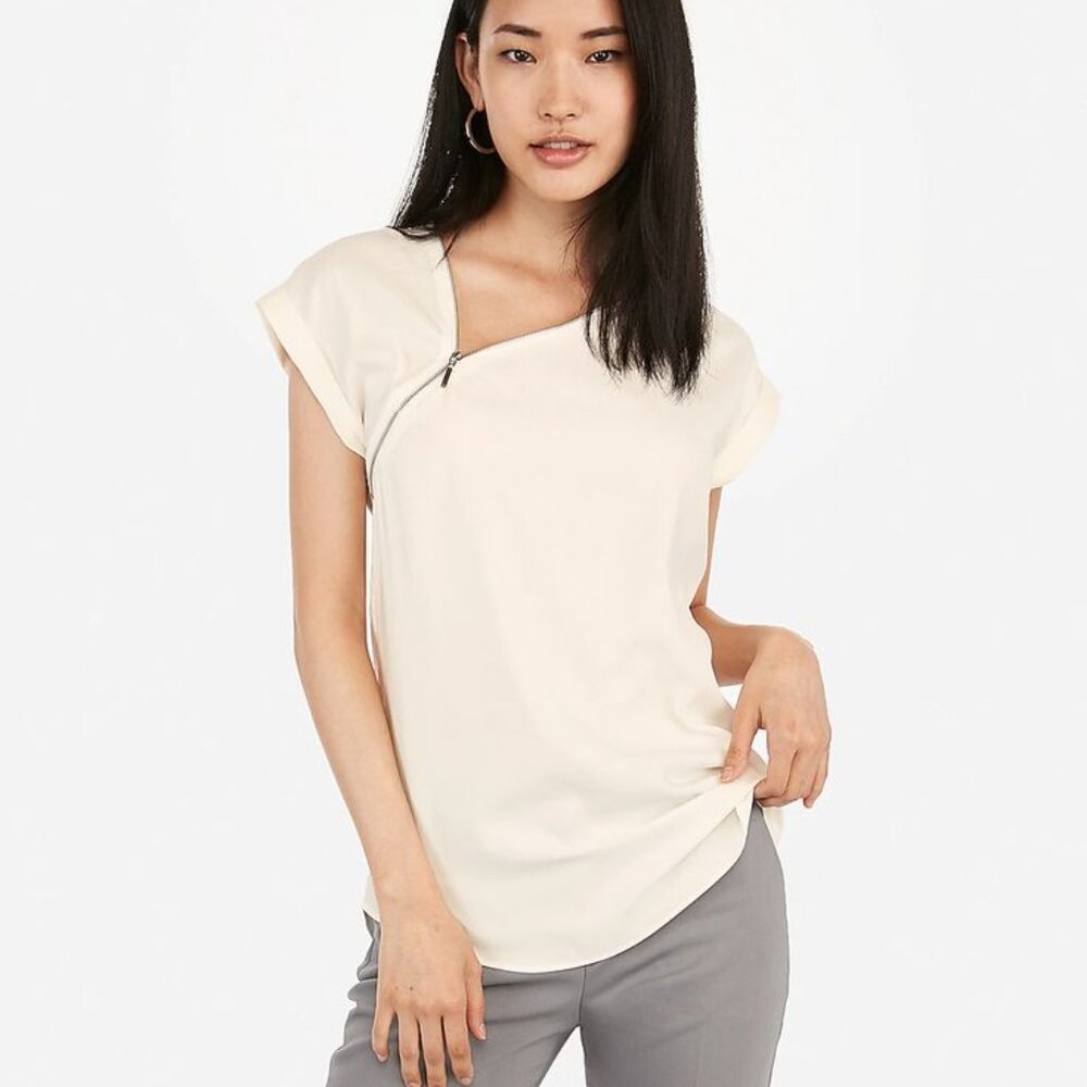 Express Zip Neck Gramercy Tee Top Blouse Ivory Cap Sleeves